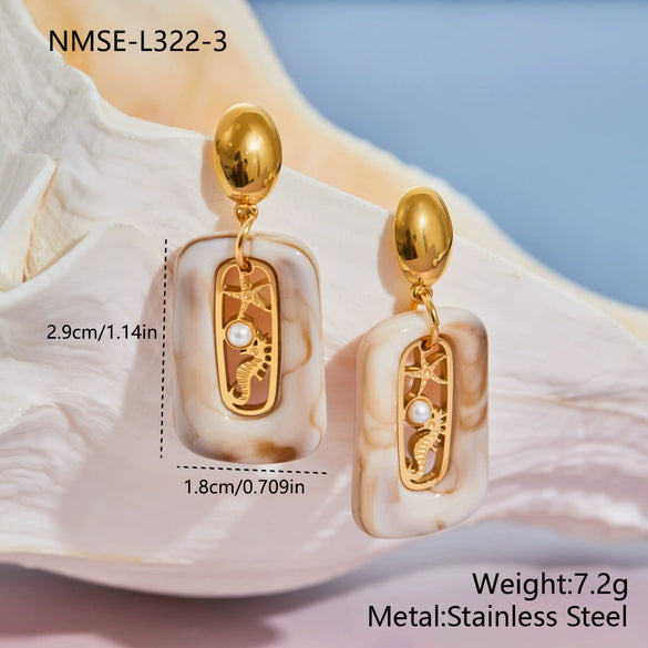 Wholesale Women's Stainless Steel 18K Gold Electroplated Geometric Seahorse Starfish Pearl Earrings Highend Jewelry