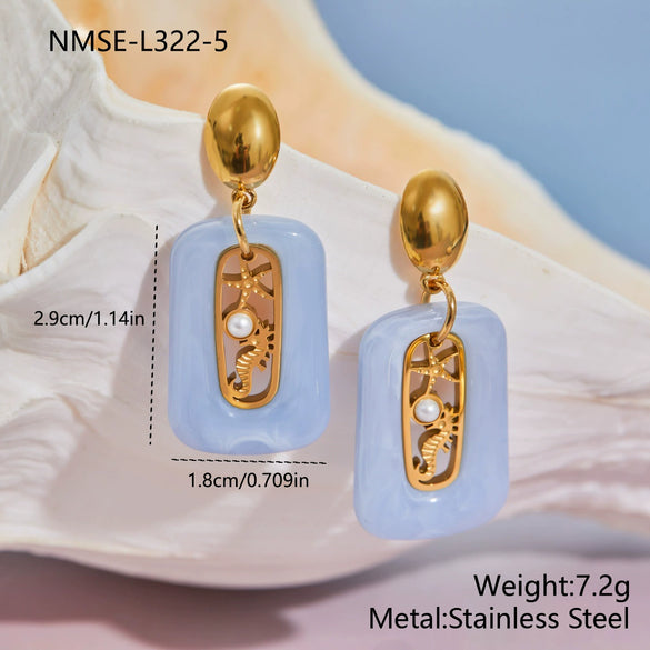 Wholesale Women's Stainless Steel 18K Gold Electroplated Geometric Seahorse Starfish Pearl Earrings Highend Jewelry