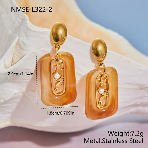 Wholesale Women's Stainless Steel 18K Gold Electroplated Geometric Seahorse Starfish Pearl Earrings Highend Jewelry