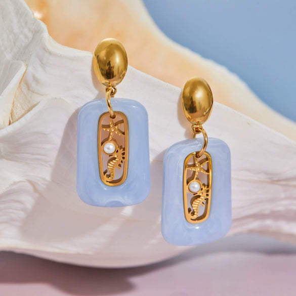 Wholesale Women's Stainless Steel 18K Gold Electroplated Geometric Seahorse Starfish Pearl Earrings Highend Jewelry