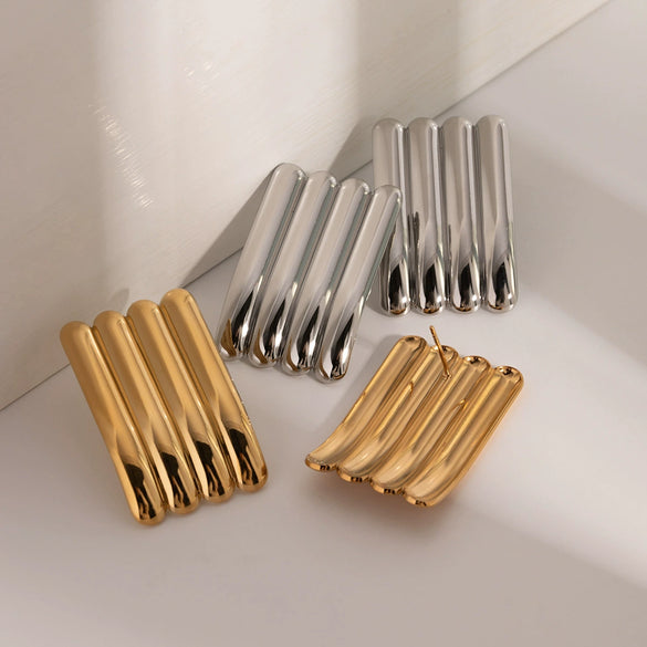 Wholesale Women's Stainless Steel 18K Gold Electroplated Geometric Striped Earrings Jewelry
