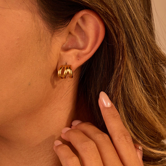 Wholesale Women's Stainless Steel 18K Gold Electroplated Geometric Wave Threelayer Fashion Minimalist Earrings