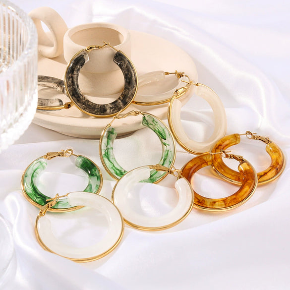 Wholesale Women's Stainless Steel 18K Gold Electroplated Hollow Geometric Resin Earrings