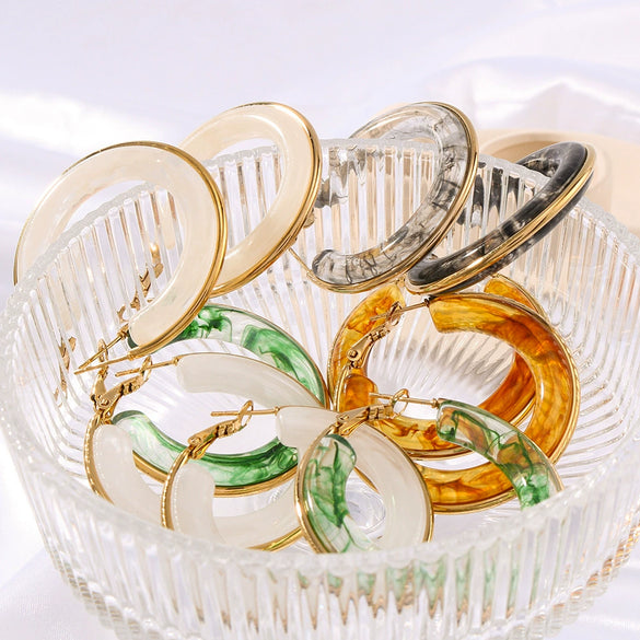 Wholesale Women's Stainless Steel 18K Gold Electroplated Hollow Geometric Resin Earrings