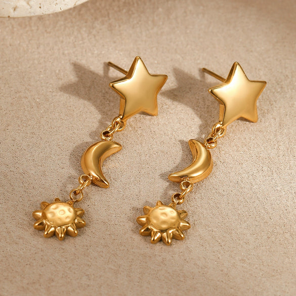 Wholesale Women's Stainless Steel 18K Gold Electroplated Star And Moon Pattern Earrings