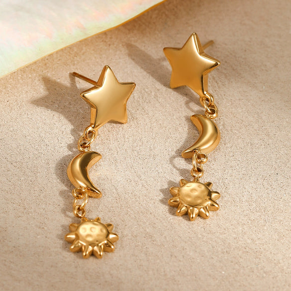 Wholesale Women's Stainless Steel 18K Gold Electroplated Star And Moon Pattern Earrings