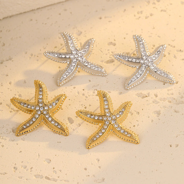 Wholesale Women's Stainless Steel 18K Gold Electroplated Starfish Micropaved Zircon Earrings Fashion Style