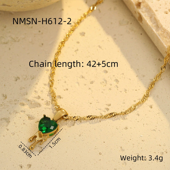 Wholesale Women's Stainless Steel 18K Gold Geometric Green Zircon Electroplated Necklace