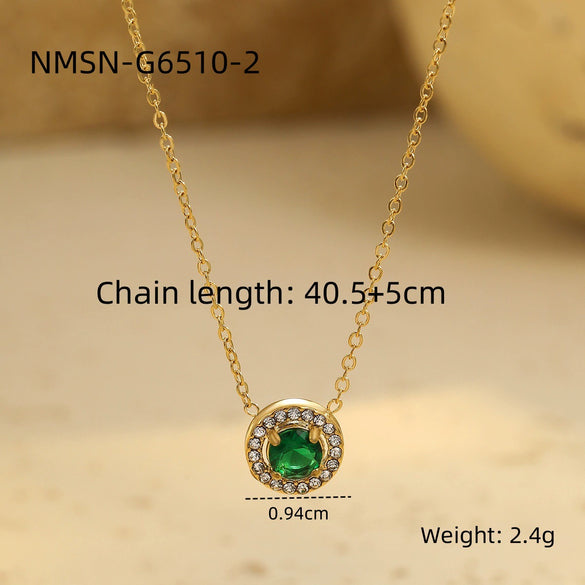 Wholesale Women's Stainless Steel 18K Gold Geometric Green Zircon Electroplated Necklace