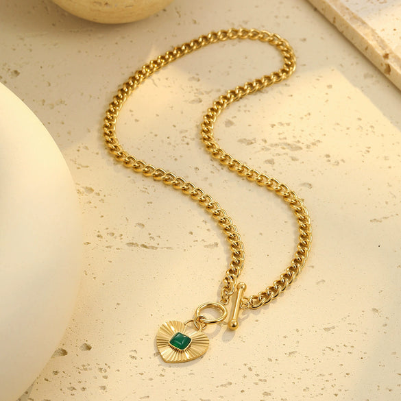 Wholesale Women's Stainless Steel 18K Gold Geometric Green Zircon Electroplated Necklace