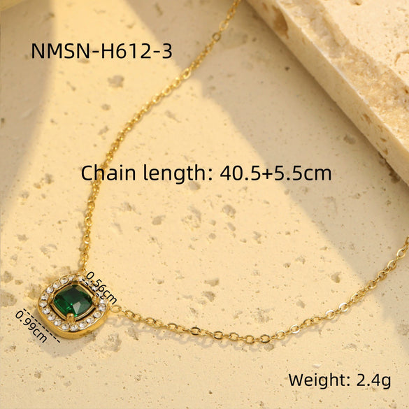 Wholesale Women's Stainless Steel 18K Gold Geometric Green Zircon Electroplated Necklace