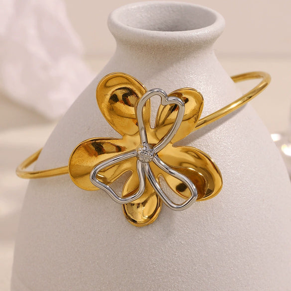 Wholesale Women's Stainless Steel 18K Gold Plated Asymmetric Line Circle Flower Double Layer Bracelet With Electroplating