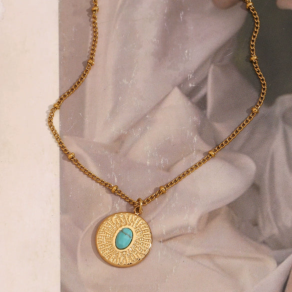 Wholesale Women's Stainless Steel 18K Gold Plated Bead Chain With Hammer Pattern And Turquoise Round Geometric Style Necklace