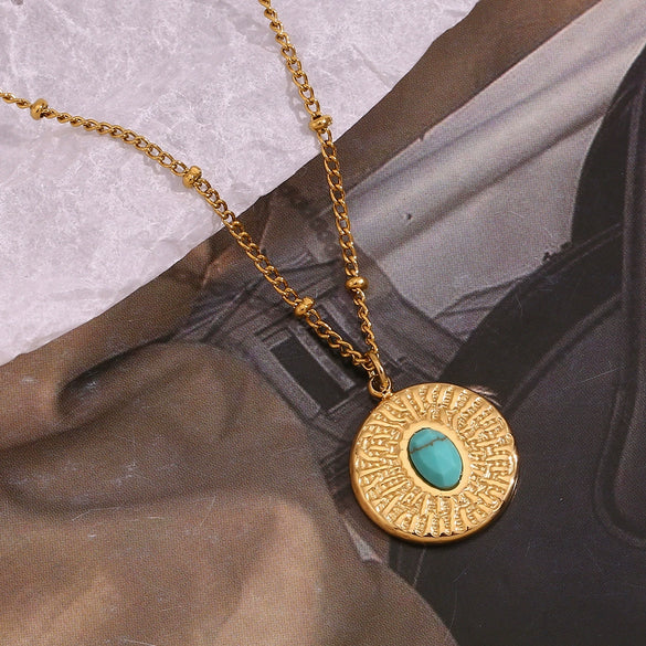 Wholesale Women's Stainless Steel 18K Gold Plated Bead Chain With Hammer Pattern And Turquoise Round Geometric Style Necklace