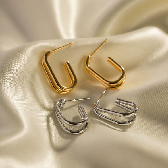 Wholesale Women's Stainless Steel 18K Gold Plated Double Layer Geometric Hoop Earrings With Electroplating