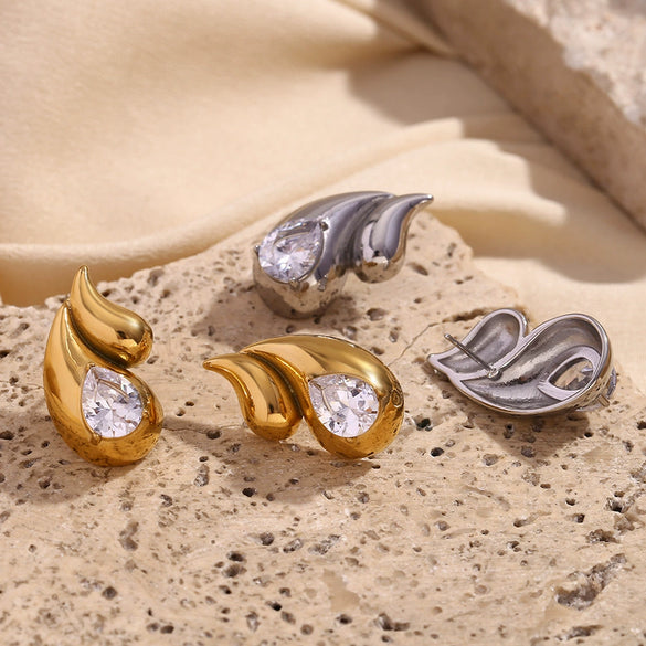 Wholesale Women's Stainless Steel 18K Gold Plated Drop Shape Zircon Earrings