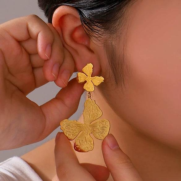 Wholesale Women's Stainless Steel 18K Gold Plated Earrings With Butterfly Flower Diamond Set And Geometric Pattern