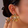 Wholesale Women's Stainless Steel 18K Gold Plated Earrings With Butterfly Flower Diamond Set And Geometric Pattern