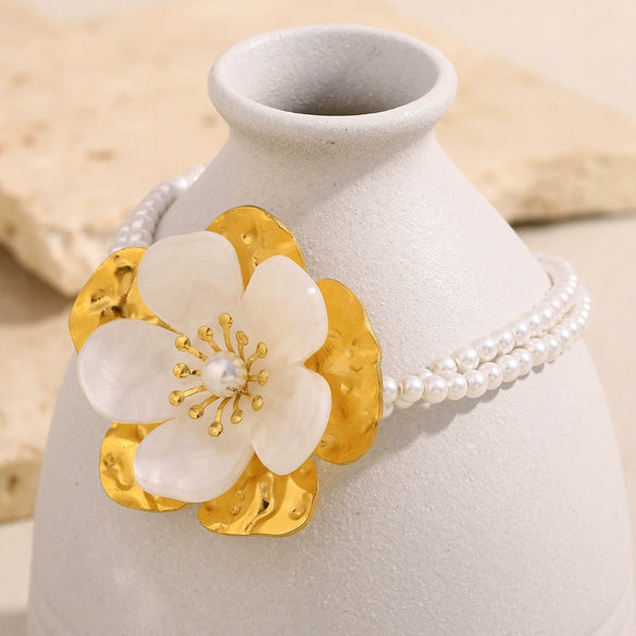 Wholesale Women's Stainless Steel 18K Gold Plated Flower Imitation Pearl Bracelet With Electroplating Ins Style Niche Temperament Hand Jewelry