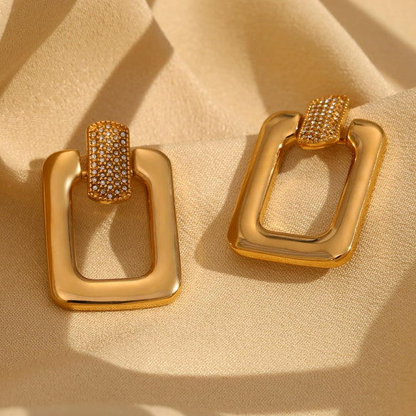 Wholesale Women's Stainless Steel 18K Gold Plated Geometric Hollow Creative Earrings With Square Buckle And Zircon Inlay