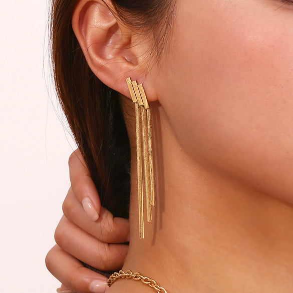 Wholesale Women's Stainless Steel 18K Gold Plated Geometric Ladder Tassel Chain Stud Earrings