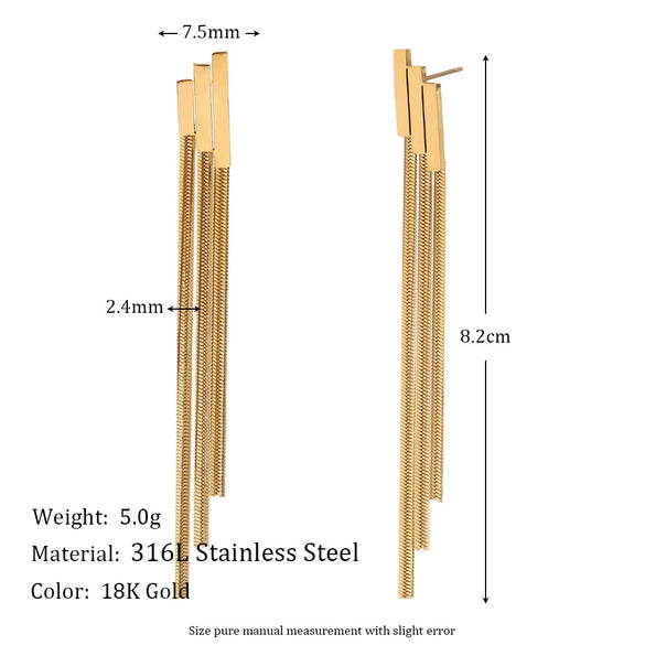 Wholesale Women's Stainless Steel 18K Gold Plated Geometric Ladder Tassel Chain Stud Earrings