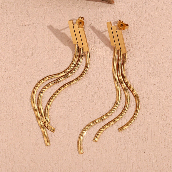 Wholesale Women's Stainless Steel 18K Gold Plated Geometric Ladder Tassel Chain Stud Earrings