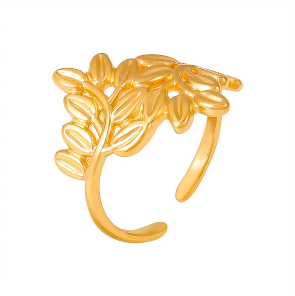 Wholesale Women's 316L Stainless Steel 18K Gold Plated Geometric Leaf Splicing Open Ring