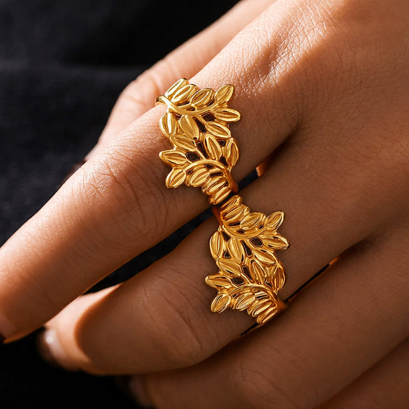 Wholesale Women's 316L Stainless Steel 18K Gold Plated Geometric Leaf Splicing Open Ring