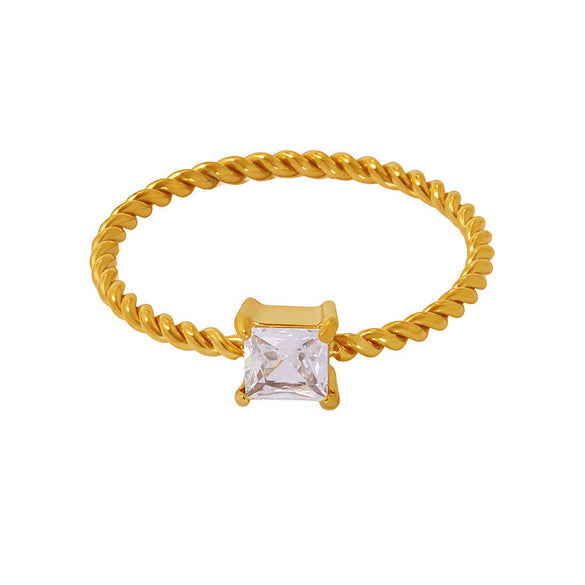 Wholesale Women's 316L Stainless Steel 18K Gold Plated Geometric Pattern Fine Twist Square Zircon Diamond Ring Light Luxury Style