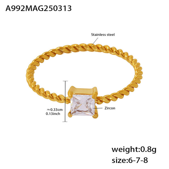 Wholesale Women's 316L Stainless Steel 18K Gold Plated Geometric Pattern Fine Twist Square Zircon Diamond Ring Light Luxury Style