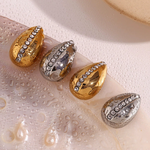 Wholesale Women's Stainless Steel 18K Gold Plated Geometric Rhinestone Drop Earrings With Back Hollow Design And Micro Inlay