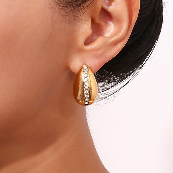 Wholesale Women's Stainless Steel 18K Gold Plated Geometric Rhinestone Drop Earrings With Back Hollow Design And Micro Inlay