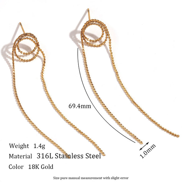 Wholesale Women's Stainless Steel 18K Gold Plated Geometric Simple Style Woven Long Tassel Earrings
