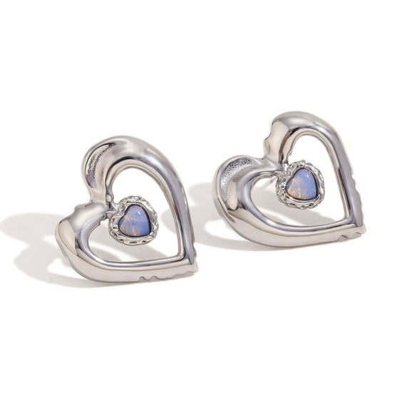Wholesale Women's Stainless Steel 18K Gold Plated Hollow Natural Stone Double Heart Geometric Earrings