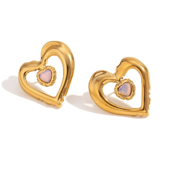 Wholesale Women's Stainless Steel 18K Gold Plated Hollow Natural Stone Double Heart Geometric Earrings