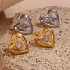 Wholesale Women's Stainless Steel 18K Gold Plated Hollow Natural Stone Double Heart Geometric Earrings