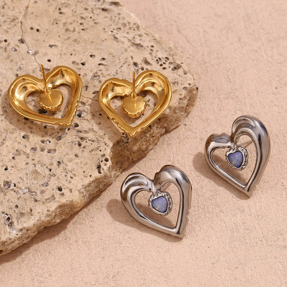 Wholesale Women's Stainless Steel 18K Gold Plated Hollow Natural Stone Double Heart Geometric Earrings
