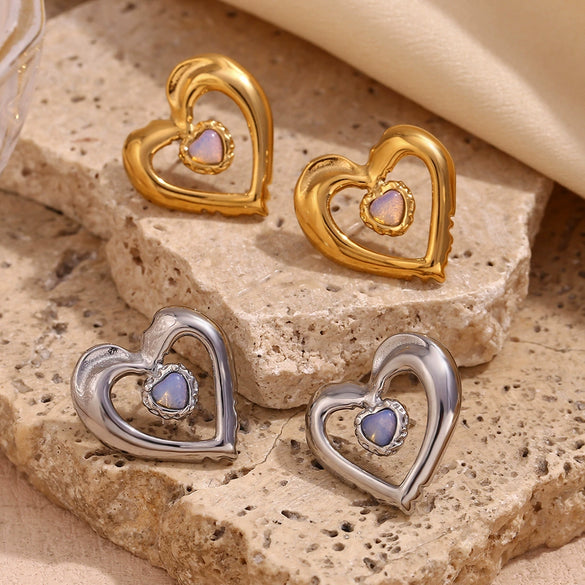 Wholesale Women's Stainless Steel 18K Gold Plated Hollow Natural Stone Double Heart Geometric Earrings
