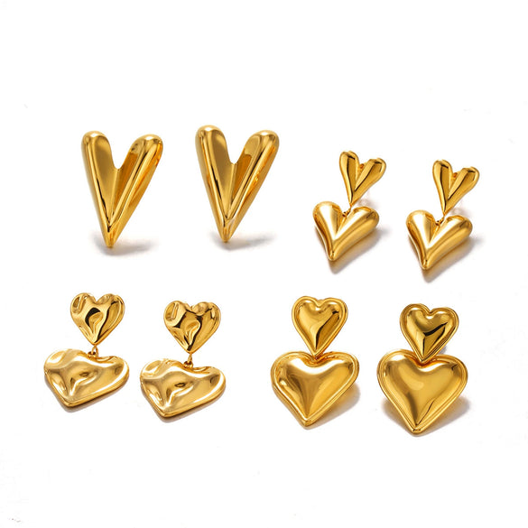 Wholesale Women's Stainless Steel 18K Gold Plated Love Double Peach Heart Earrings