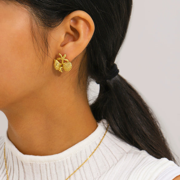 Wholesale Women's Stainless Steel 18K Gold Plated Necklace And Earrings Set With Conch And Geometric Patterns