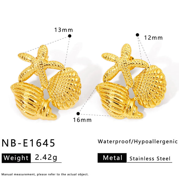 Wholesale Women's Stainless Steel 18K Gold Plated Necklace And Earrings Set With Conch And Geometric Patterns