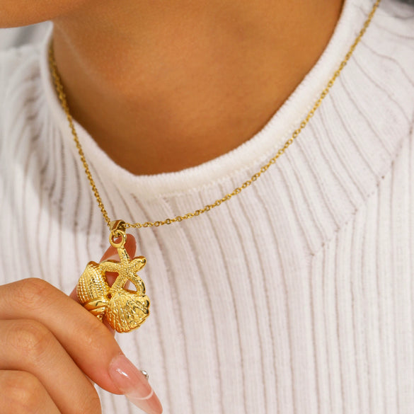 Wholesale Women's Stainless Steel 18K Gold Plated Necklace And Earrings Set With Conch And Geometric Patterns