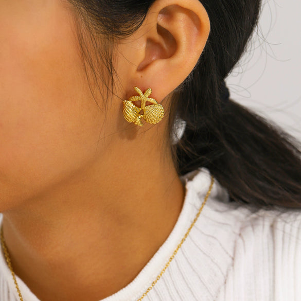 Wholesale Women's Stainless Steel 18K Gold Plated Necklace And Earrings Set With Conch And Geometric Patterns