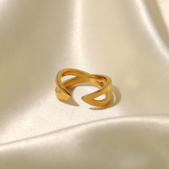 Wholesale Women's Stainless Steel 18K Gold Plated Open Ring With Cross Inlaid White Diamond And Geometric Design
