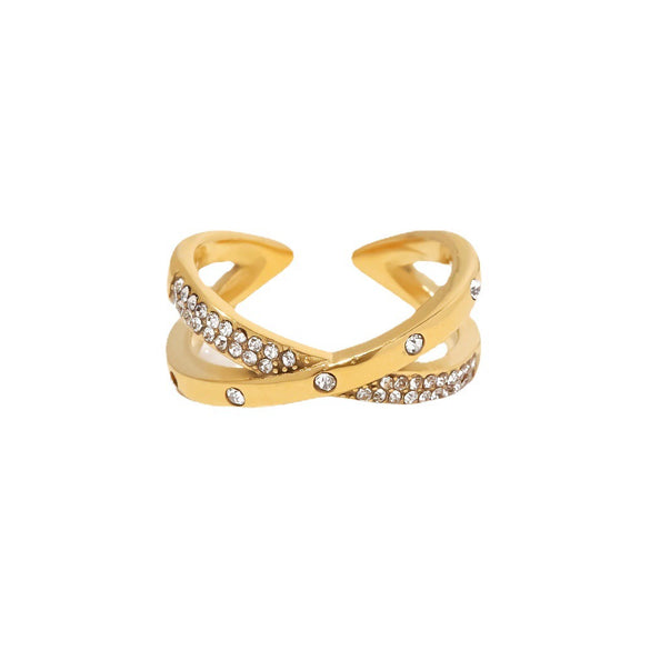 Wholesale Women's Stainless Steel 18K Gold Plated Open Ring With Cross Inlaid White Diamond And Geometric Design