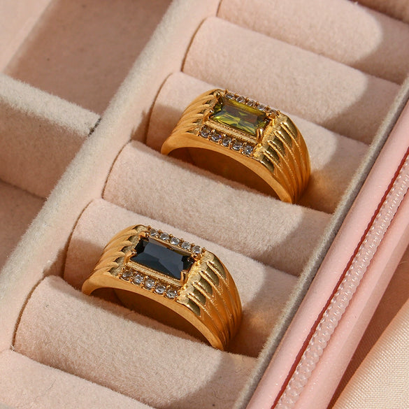 Wholesale Women's Stainless Steel 18K Gold Plated Rectangular Geometric Zircon Ring Jewelry