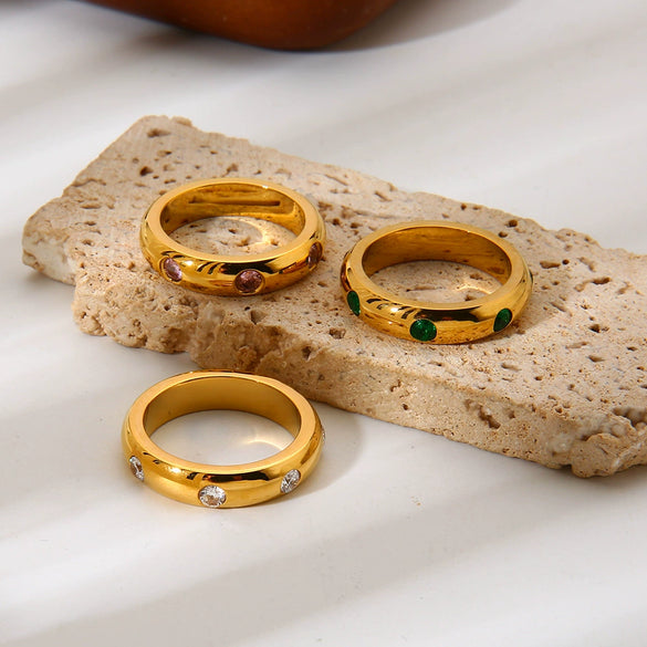 Wholesale Women's Stainless Steel 18K Gold Plated Round Zircon Ring With Geometric Ins Style