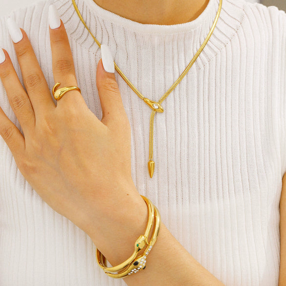 Wholesale Women's Stainless Steel 18K Gold Plated Snake Geometric Necklaces Bracelets And Rings Inlaid With Colorful Zircons