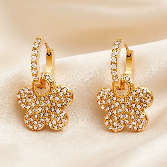 Wholesale Women's Stainless Steel 18K Gold Plated Star Floral Diamond Earrings With Exaggerated Niche Design